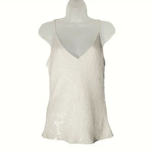 Cache White Sequin spaghetti strap camisole, tank top.  100% silk shell. Size 12